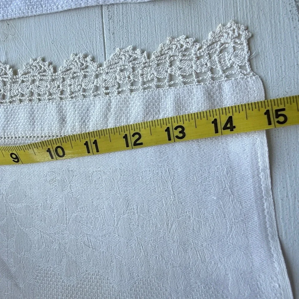 Vintage White Linen Hand Towels Set of 3 Embroidered Lace Fringe Cotton Damask